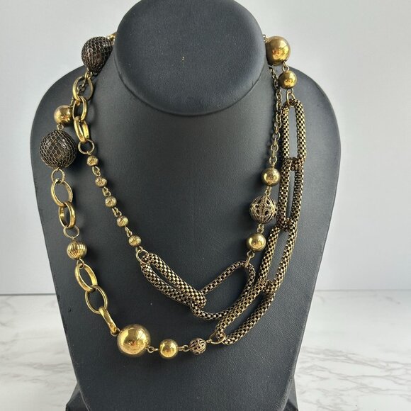 Vintage Long Necklace W/ Metal Mesh Beads & Links Gold-Tone 32" - Picture 9 of 11